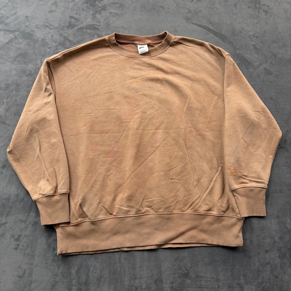 Nike Mens Crewneck Sweatshirt Tan Brown Graphic Swoosh Logo Large